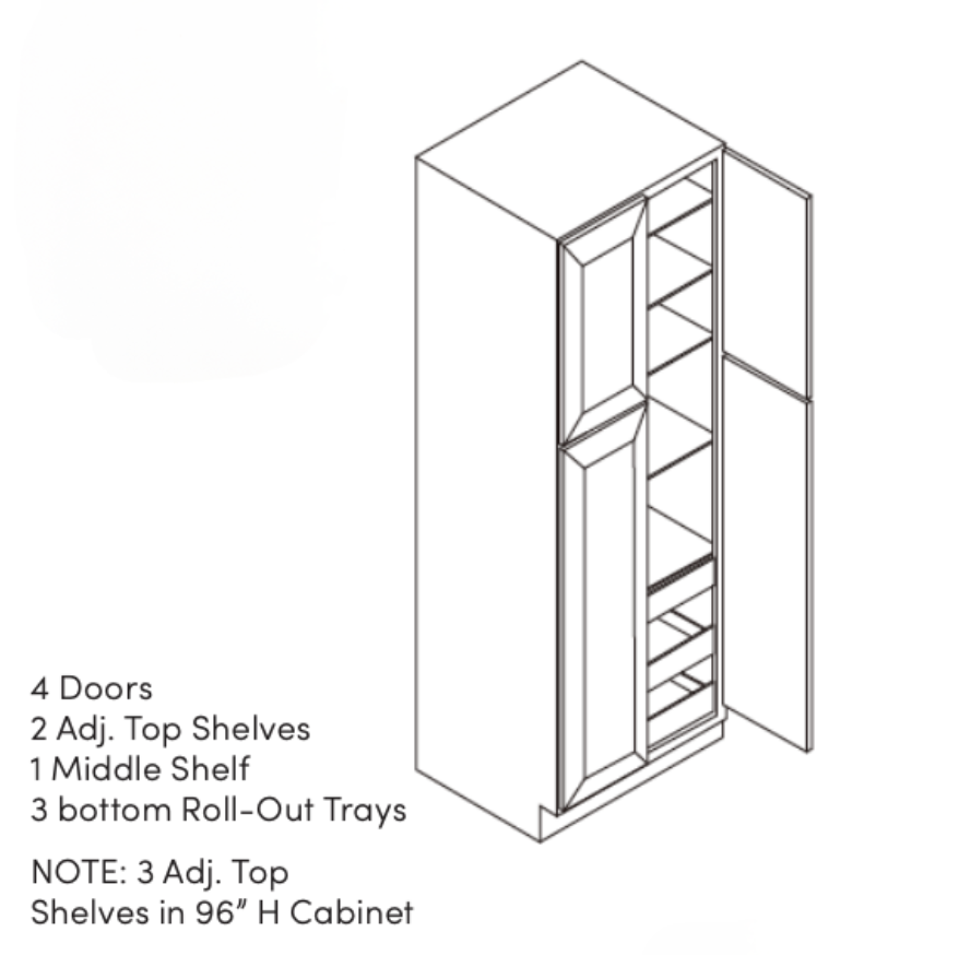 Diagram of a 4-door cabinet with adjustable shelves and a middle shelf.